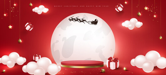 Merry Christmas and happy new year banner with festive decoration and copy space product display cylindrical shape with glowing Full Moon Behind
