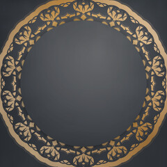 Template Postcard in black color with a gold mandala pattern prepared for printing.