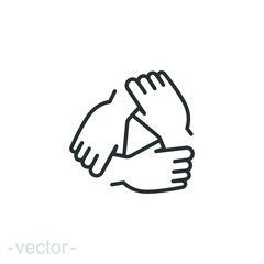 Three hands support each other line icon. Simple outline style. Team, hand, work together, partnership, group, help, concept of teamwork. Vector illustration design isolated. Editable stroke EPS 10