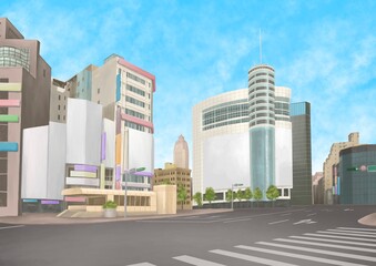 Ximending intersection area, a digital painting of landscape of public landmark shopping street and business building in Taipei city, Taiwan raster 3D illustration anime background.