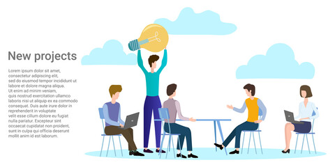 New projects.People hold a business meeting and solve tasks.Poster in business style.Vector illustration.