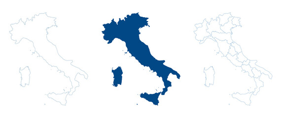 Italy map vector. High detailed vector outline, blue silhouette and administrative divisions, regions. All isolated on white background. Template for website, design, cover, infographics. Vector 