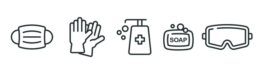 Personal protection equipment icons. Medical mask, latex gloves, soap, dispenser, protective glasses, Coronavirus, covid 19 prevention items. Line, outline symbols isolated. Vector illustration EPS 10