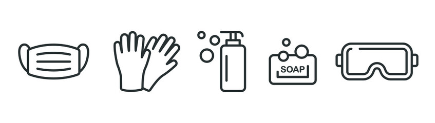 Obraz premium Personal protection equipment icons. Medical mask, latex gloves, soap, dispenser, protective glasses, Coronavirus, covid 19 prevention items. Line, outline symbols isolated. Vector illustration EPS 10