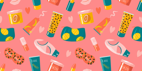 vector seamless pattern with various care and decorative cosmetrics - creams, lotions, lipsticks, cosmetic bag, sleep masks. trendy pattern in flat style for print