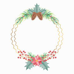 Golden Christmas wreath with watercolor poinsettia flower on white background 