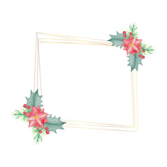 Golden abstract Christmas wreath  with watercolor poinsettia flower on white background