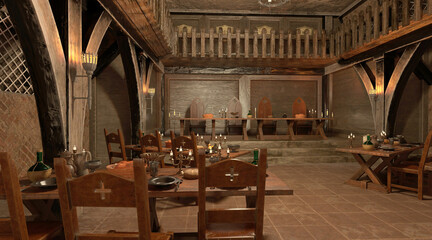 Medieval castle great hall interior 3d illustration