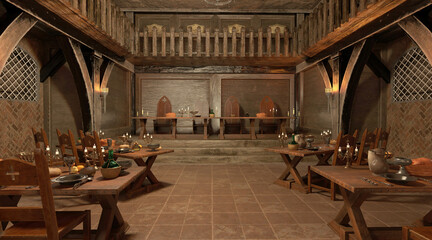 Fototapeta na wymiar Medieval castle great hall interior 3d illustration