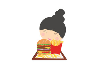 Cute girl holding burger and french fries vector illustration