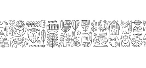 Fototapeta premium Card Design with Nordic Ornament. Forest Animals, Folk Background