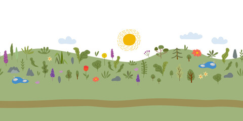 Summer meadow with flowers. Horizontal Seamless Background for your design