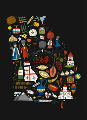 Georgia Country Map. Travel Background. Collection of design elements - food, places and dancing people. Vectrical Print for poster, t-shirts etc.
