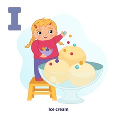 English alphabet with cartoon cute children illustrations. Kids learning material. Letter I. Cute girl decorate ice cream.
