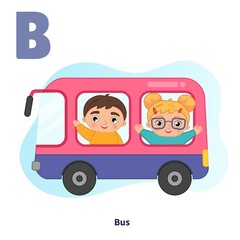 English alphabet with cartoon cute children illustrations. Kids learning material. Letter B. Boy and girl ride the bus.
