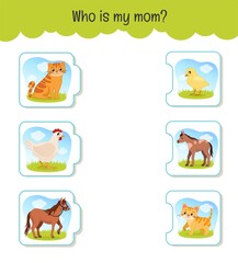 Matching children educational game. Who is my mom? Activity for pre sсhool years kids and toddlers. Mothers animals and their babies.
