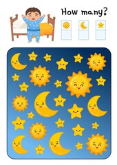Counting educational children game, math kids activity sheet. How many objects task. Count how many moons, suns and stars.
