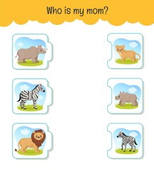 Matching children educational game. Who is my mom? Activity for pre sсhool years kids and toddlers. Mothers animals and their babies.
