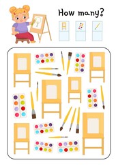 Counting educational children game, math kids activity sheet. How many objects task. Count how many easels, paints and brushes.
