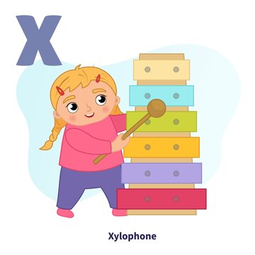 English alphabet with cartoon cute children illustrations. Kids learning material. Letter X. Cute little girl playing the xylophone.
