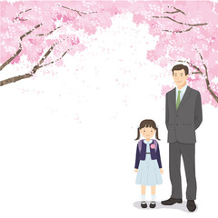 Obraz premium 桜の木の下に手を並んで立つお父さんと1年生の女の子