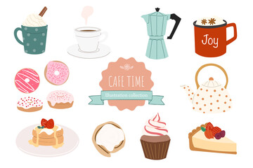 set of cakes and sweets. cafe drink and foods flat illustration elements set.