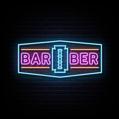 Fototapeta premium Barber shop neon sign Light Banner. Vector Illustration