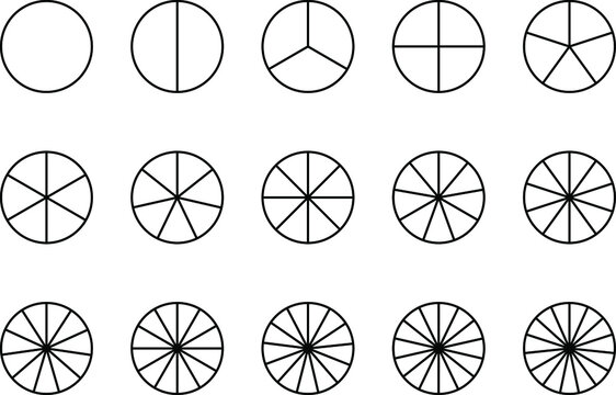 Circles divided in segments from 1 to 15 isolated on white background. Pie or pizza round shapes cut in equal slices in outline style.
