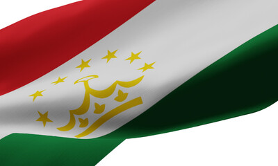 Horizontal tricolor of red white and green charged with a crown surmounted by an arc of seven stars at the center. Variant flag of Tajikistan. Isolated on white background with clipping path