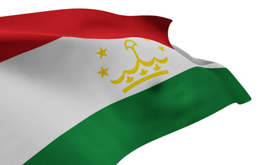 Horizontal tricolor of red white and green charged with a crown surmounted by an arc of seven stars at the center. Variant flag of Tajikistan. Isolated on white background with clipping path