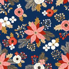 Seamless vector pattern with cute vintage Christmas flowers. Perfect for textile, wallpaper or print design. 