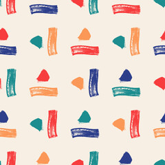 Hand drawn ornament seamless pattern. Colorful rough brush lines and triangles vector background.