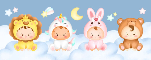 Watercolor cute baby character sitting on the cloud  