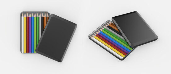 realistic box of colored pencils icon set closeup isolated on white background.