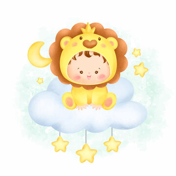 Watercolor cute baby lion character sitting on the cloud  