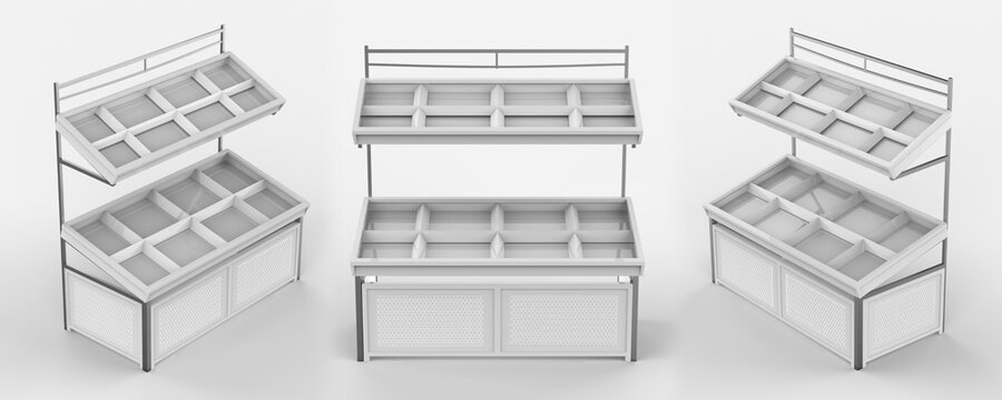 Pop up Multilayer grocery store vegetable display racks. 3d illustration