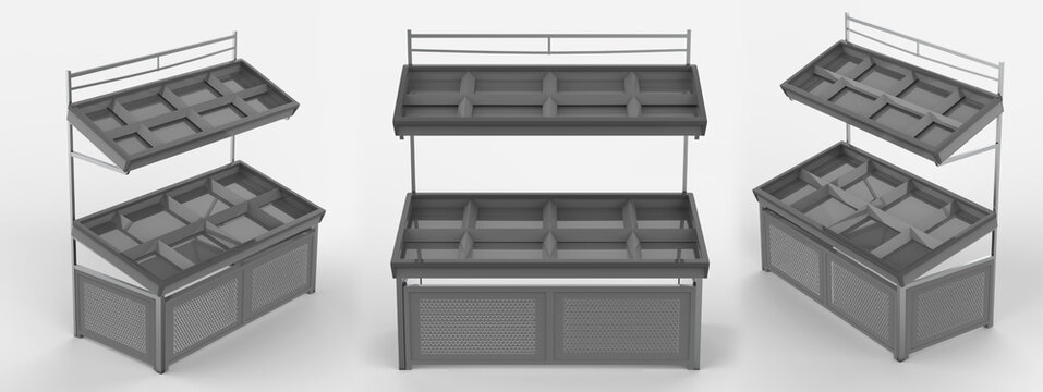 Pop Up Multilayer Grocery Store Vegetable Display Racks. 3d Illustration