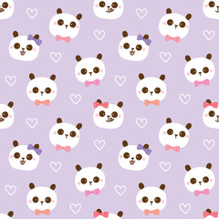 Seamless Pattern of Cartoon Panda Face and Heart Design on Light Violet Background