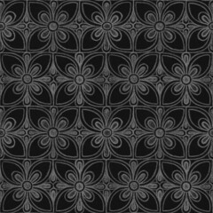 Abstract ornamental geometric seamless pattern with white contours of abstract flowers on textured black background. Template for design, textile, wallpaper, wrapping, carton, ceramics.