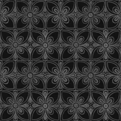 Foto op Canvas Abstract ornamental geometric seamless pattern with white contours of abstract flowers on textured black background. Template for design, textile, wallpaper, wrapping, carton, ceramics. © Irina Ikar