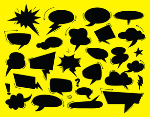 Retro comic bubbles and elements set with black halftone shadows. Vector illustration, vintage design, pop art style