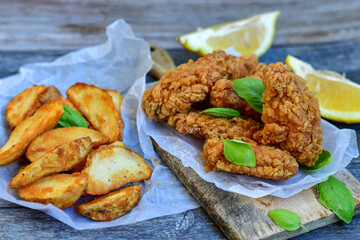  Crispy  deep fried   chicken strips ,onions and шедгес потатоес .Breaded  with cornflakes chicken  breast fillets  with chilly peppers and fresh   basil on wooden rustic background