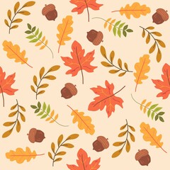 seamless pattern with red, brown, orange autumn leaves and corns