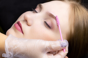 the master combs the eyebrows of the model with a micro brush before the eyebrow lamination procedure