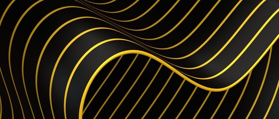 Abstract geometric wavy folds with stripes of black and yellow colors. 3d rendering.