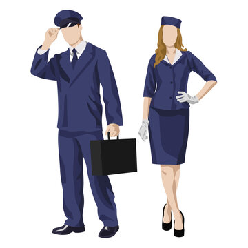 Pilot and stewardess in uniform on a white background - Vector