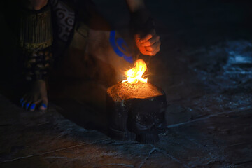 skull fire ritual maya, gloomy night dark magic ritual dance indians background