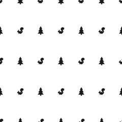 black fir-trees and squirrels on white background. Forest seamless winter pattern with spruce.