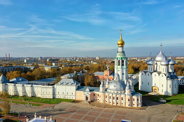 autumn vologda kremlin, drone top view, russia religion christian church