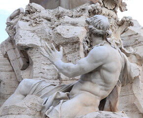 Fountain of the Four Rivers Close Up at Piazza Navona in Rome, Italy